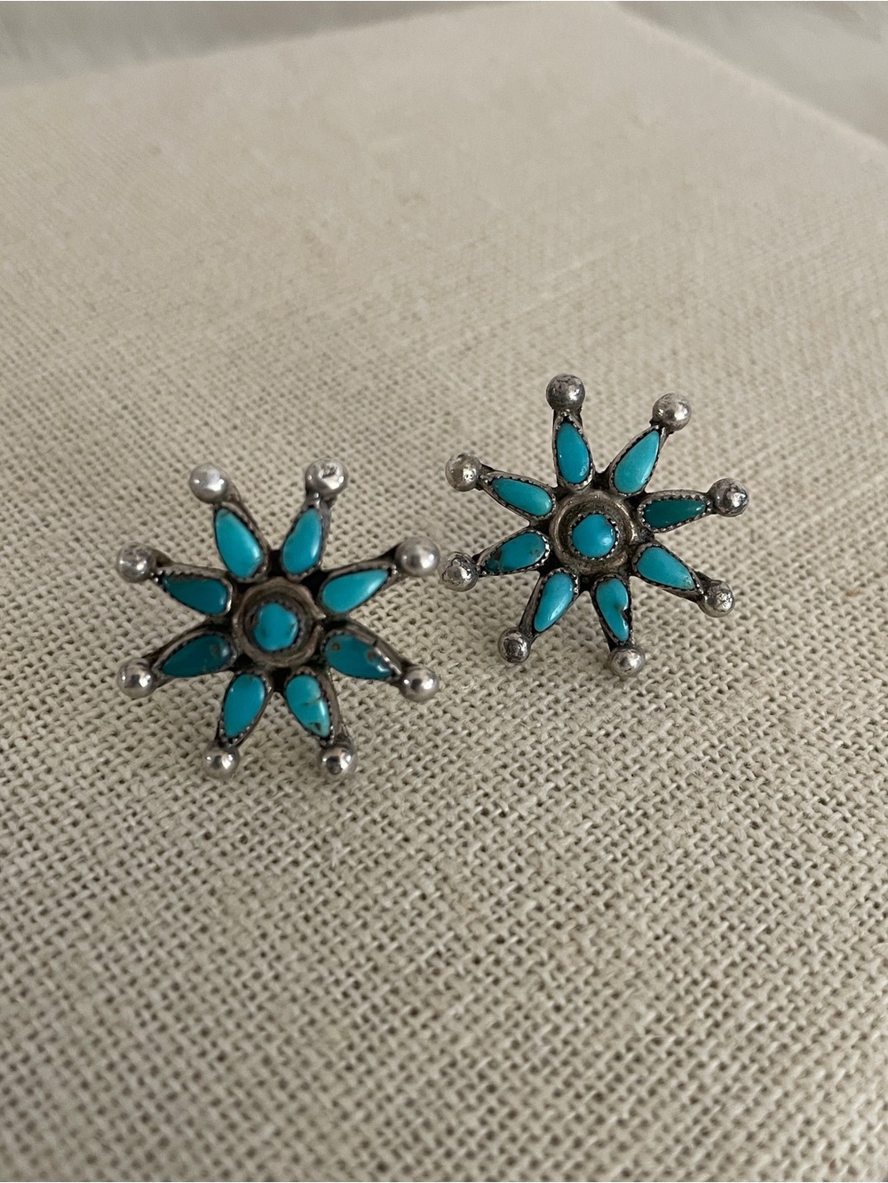Vintage Sterling Silver and Turquoise Starburst Earrings - Blue Green old pawn